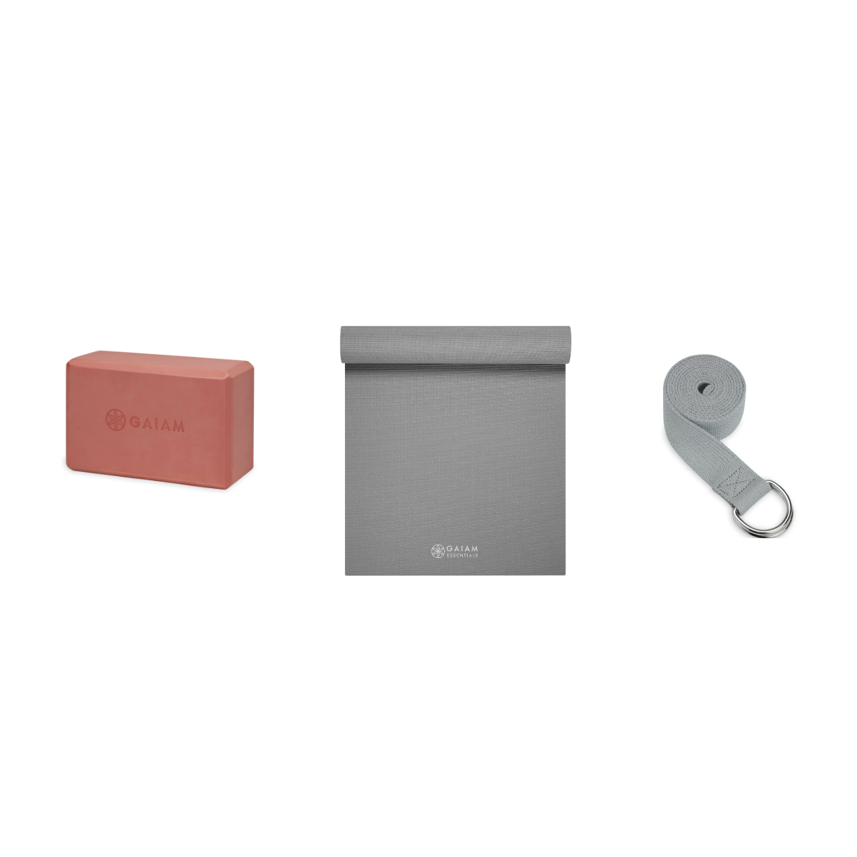 Yoga Bundle - Block (Very Coral), Mat (Grey), Strap (Grey)